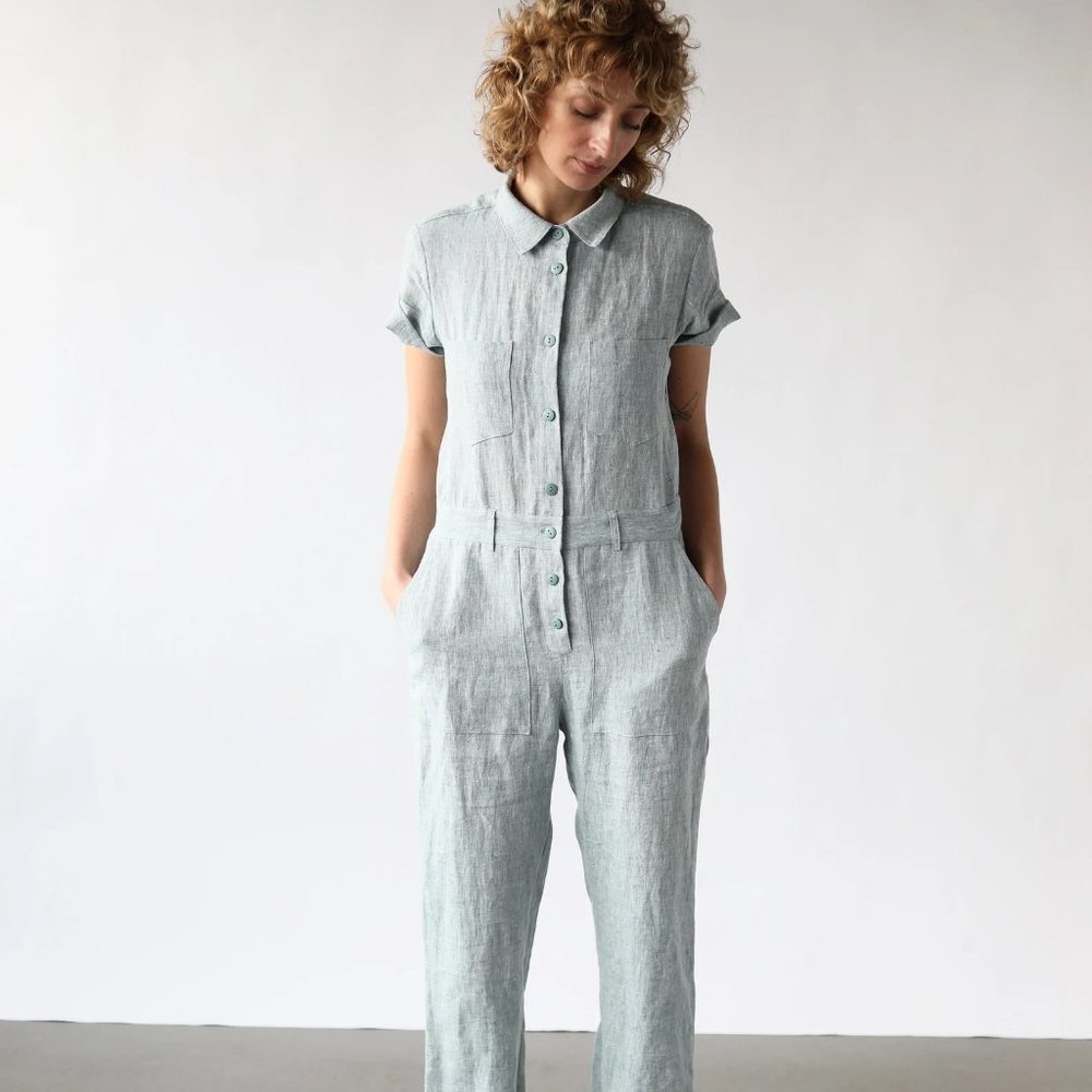 NWT Handmade Chambray Blue Linen Short Sleeve Coverall Jumpsuit Size S